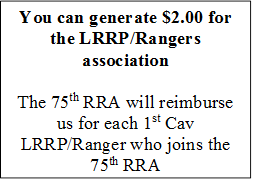 You can generate $2.00 for the LRRP/Rangers association

The 75th RRA will reimburse us for each 1st Cav LRRP/Ranger who joins the 75th RRA

